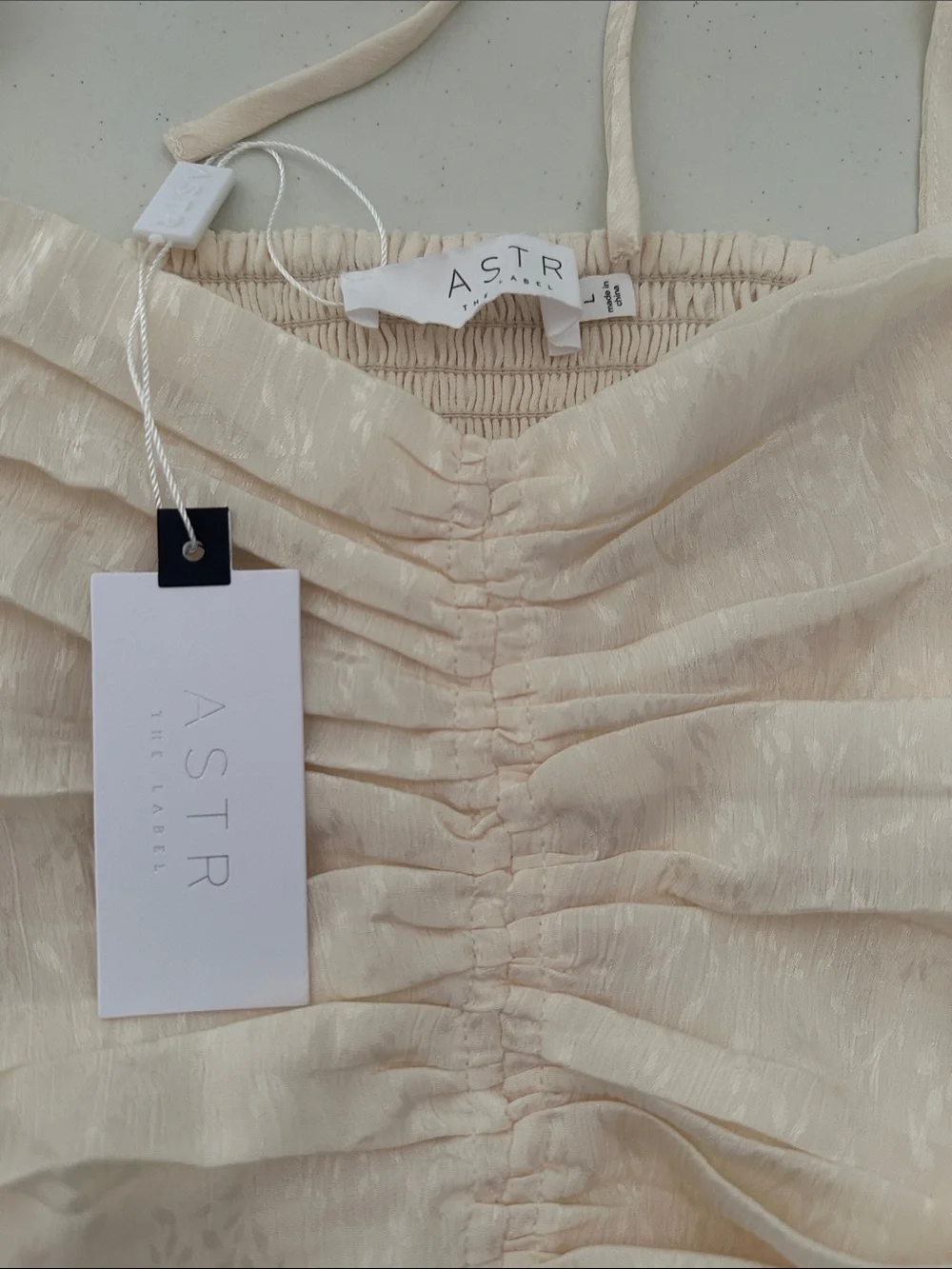 Astr Ruched Satin-Look Cream Puff Sleeve Top
